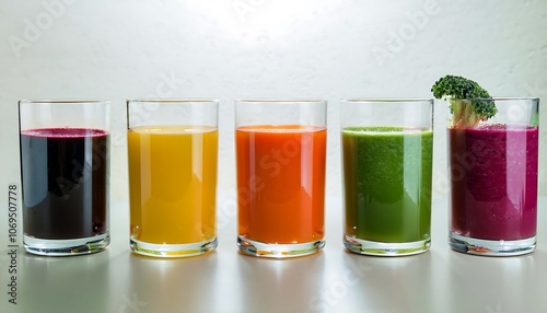 Five colorful glasses of juice, from left to right beetroot, orange, carrot, green, and red.