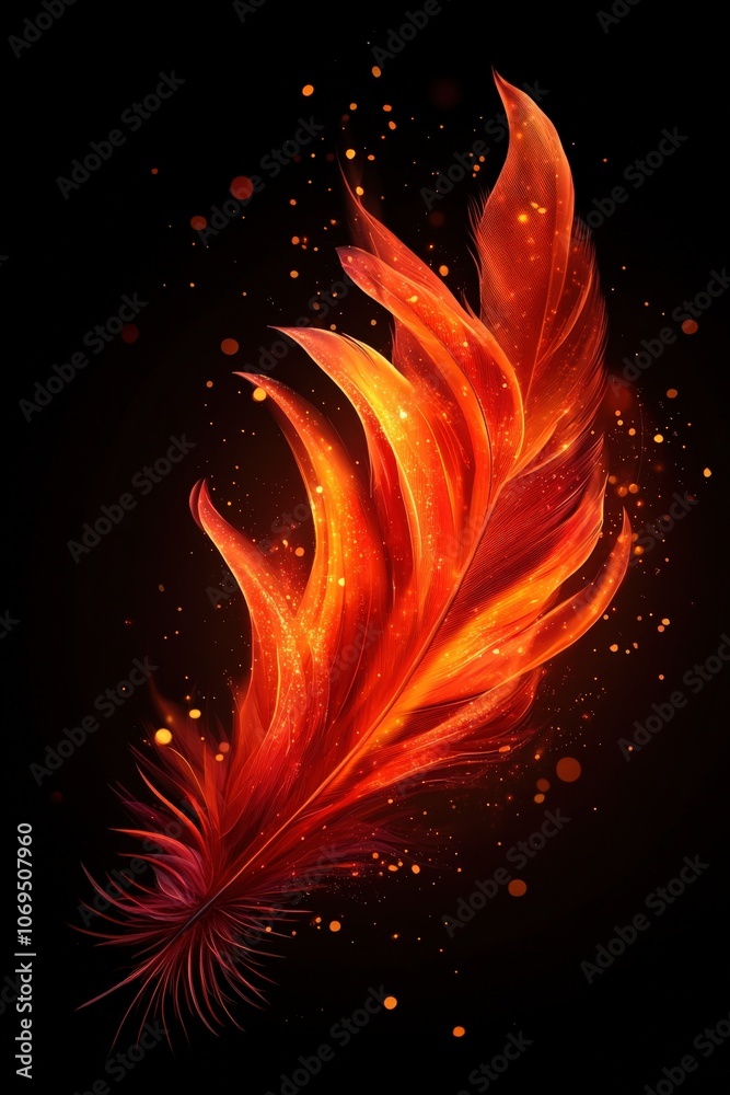 Vibrant red-orange feather with glowing sparks, set against a dark background.