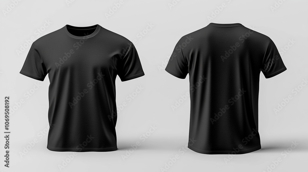 Black t-shirt mockup showcasing front and back views on a plain background for design purposes Black t-shirt mockup showcasing front and back views on a plain background for design purposes