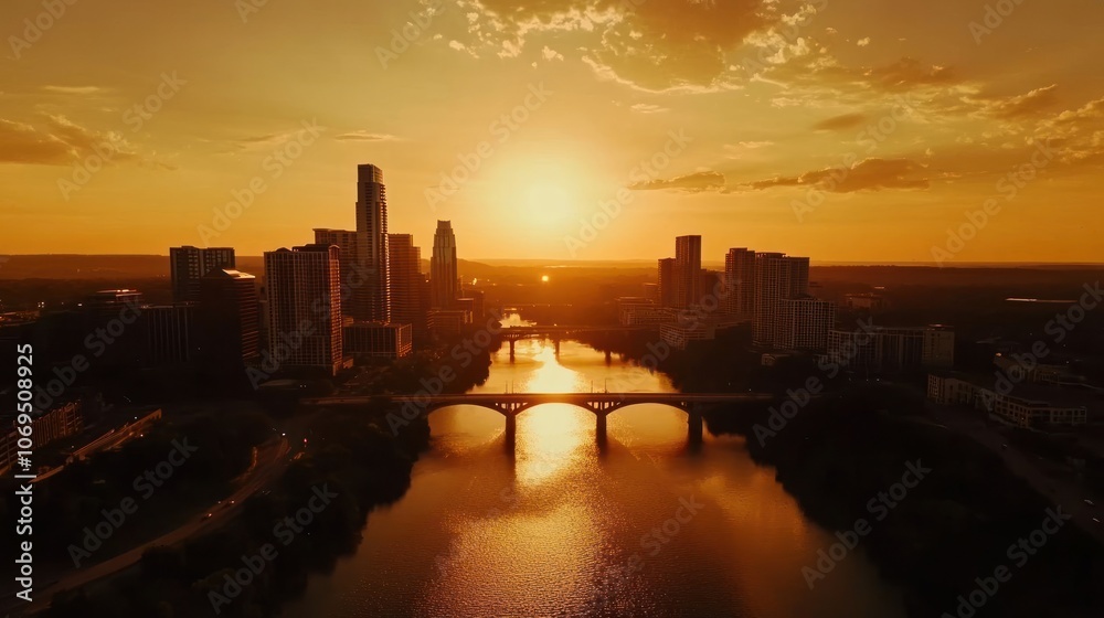 A stunning sunset over a city skyline, reflecting on the water, creating a serene atmosphere. A stunning sunset over a city skyline, reflecting on the water, creating a serene atmosphere.