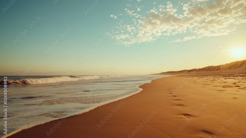Tranquil beach with gentle waves at sunrise Footprints on serene sandy shore