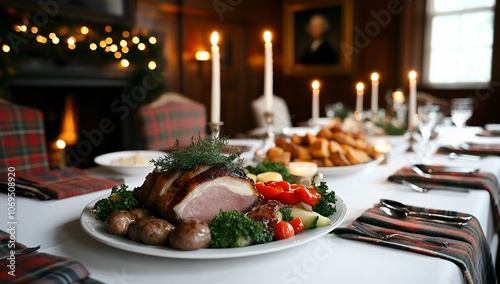 A roasted ham with vegetables and potatoes on a white platter on a formal dining table with candles and plaid napkins.