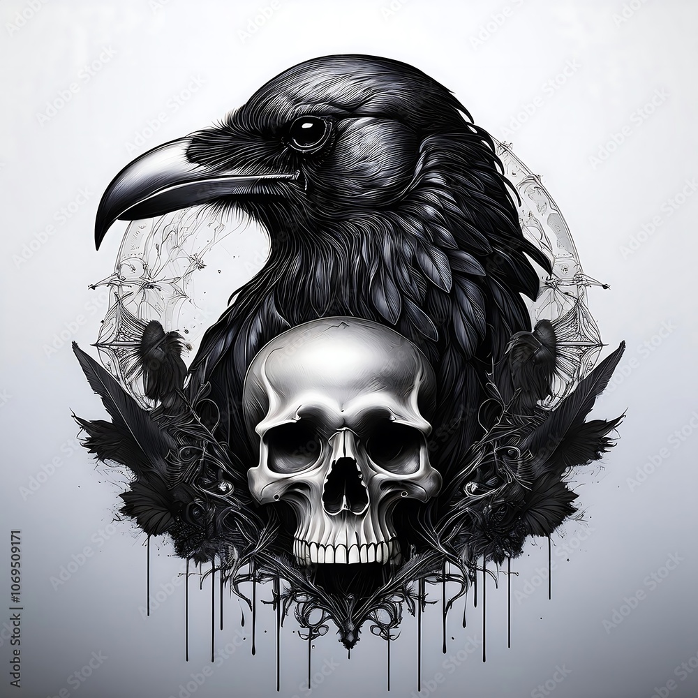 Naklejka premium A black raven perched on a skull with detailed black and grey background.