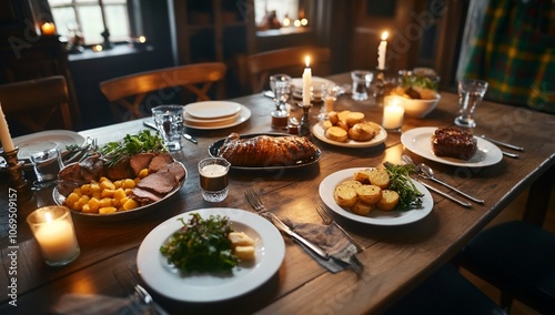 A rustic wooden table set for a medieval feast with roasted meat, potatoes, salad and candles.