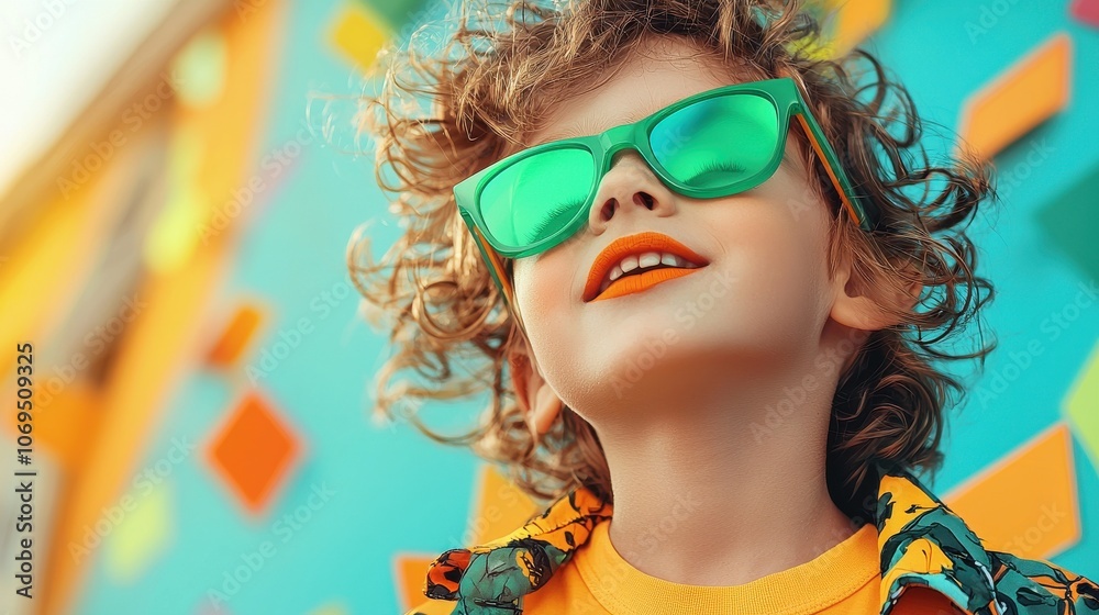Delightful closeup of a child wearing bright green party glasses against a colorful background Delightful closeup of a child wearing bright green party glasses against a colorful background