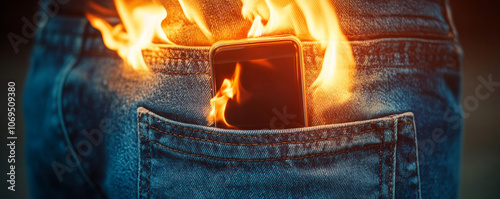 Smartphone on fire in back pocket of jeans, safety hazard concept photo