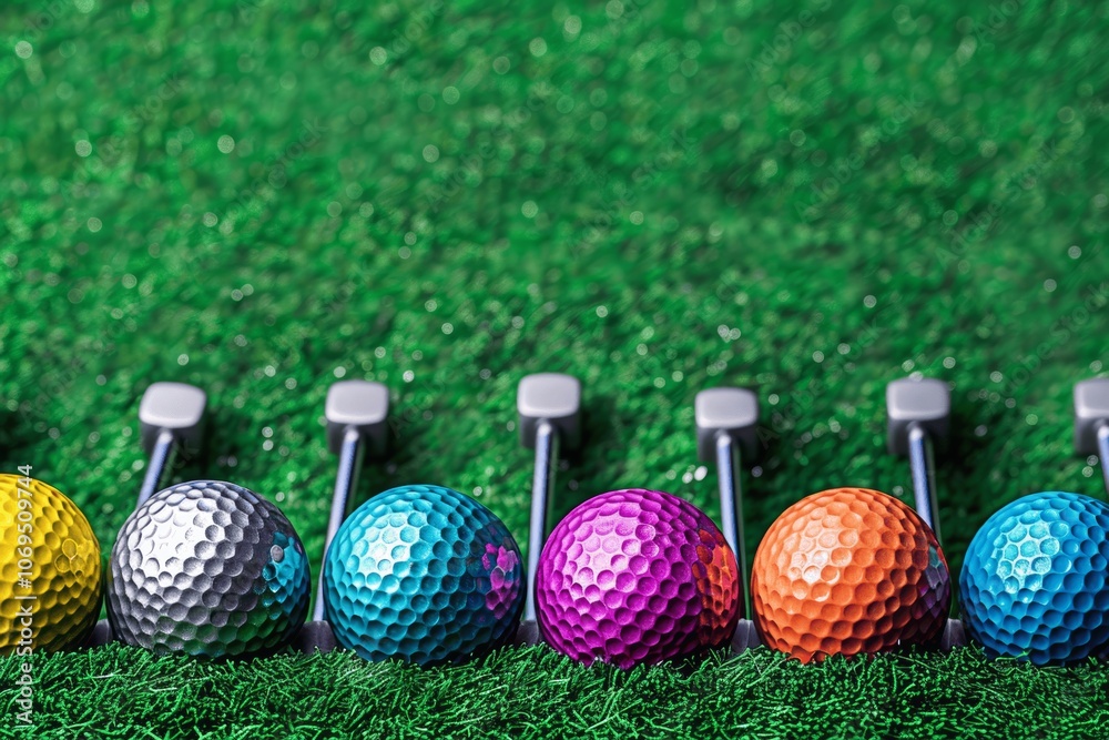 Naklejka premium Colorful Mini Golf Balls and Putter Heads on Green Grass Background with Copy Space