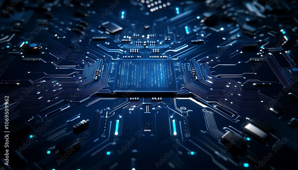 Obraz premium A close-up view of a circuit board showcasing intricate designs and glowing elements, symbolizing advanced technology and digital connectivity.