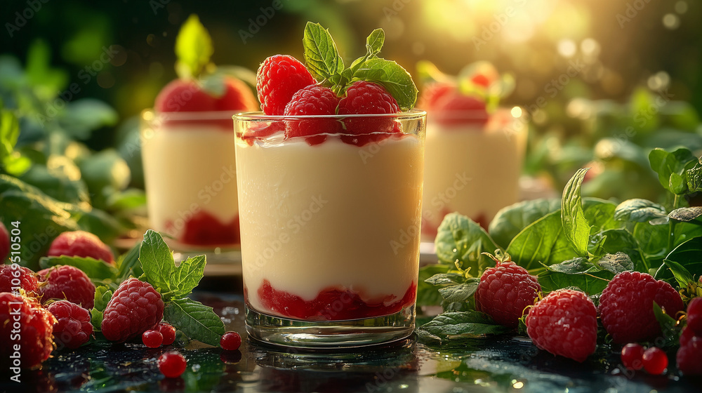 Beautiful panna cotta topped with fresh raspberries and mint in glasses Beautiful panna cotta topped with fresh raspberries and mint in glasses