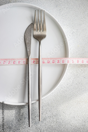 Top view of dieting essentials with measuring tape on white plate