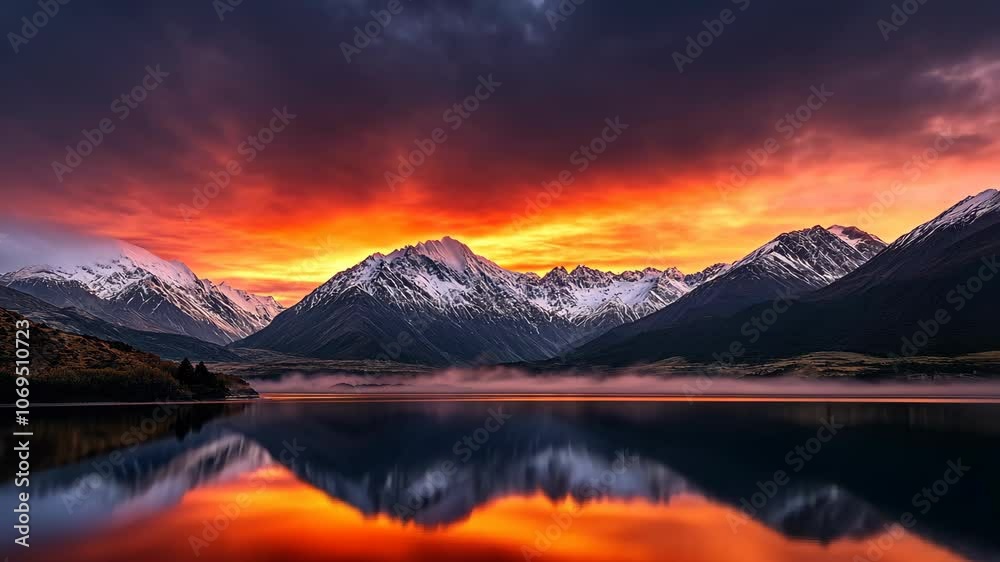 A stunning sunset paints the sky above the snow-capped mountains reflecting in a calm lake