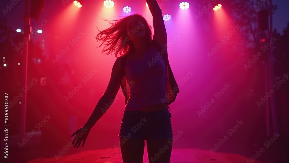 Silhouette of a person with raised arms at a concert, city skyline, vibrant stage lights, night event. Generative, AI.