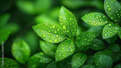 Fresh green leaves with water droplets, showcasing nature beauty