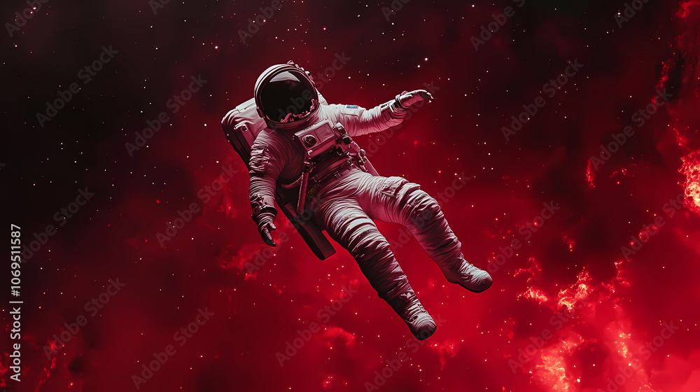 Fototapeta premium Astronaut floating in a stylized red and black space. Celestial. Illustration