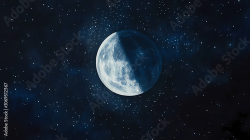 Fototapeta Naklejka Na Ścianę i Meble -  Close up view of the moon in a night sky featuring an oil painting style that captures the beauty of a celestial scene. Celestial. Illustration