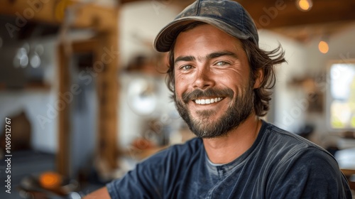 Happy construction worker with shoulder-length hair and beard, black t-shirt, baseball cap, working inside new house, smiling at camera, bright daylight, wide angle, photo-realistic