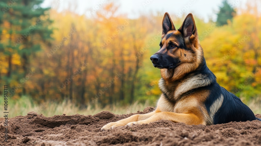 German Shepherd Dog Laying in Dirt with Autumn Forest Background