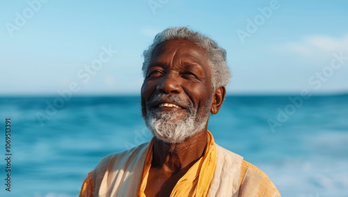 Joyful African American Senior Man with Grey Hair and Beard at the Beach on a Sunny Day