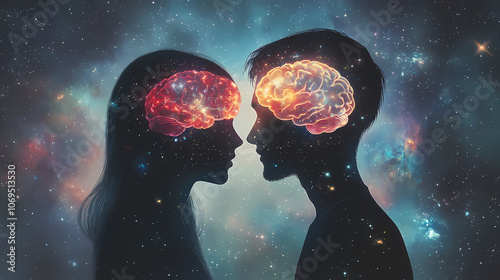 Couple bathed in celestial brain glow celebrating the cosmic scale of their love and mutual understanding. Celestial. Illustration