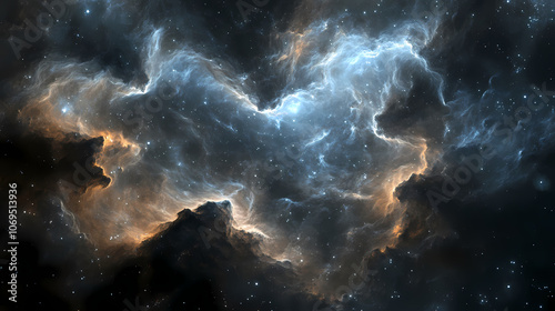 Dark nebula-inspired wallpaper featuring swirling clouds of gas and dust in a deep space background, extraterrestrial, celestial map, dark matter, universe, stars. Celestial. Illustration photo