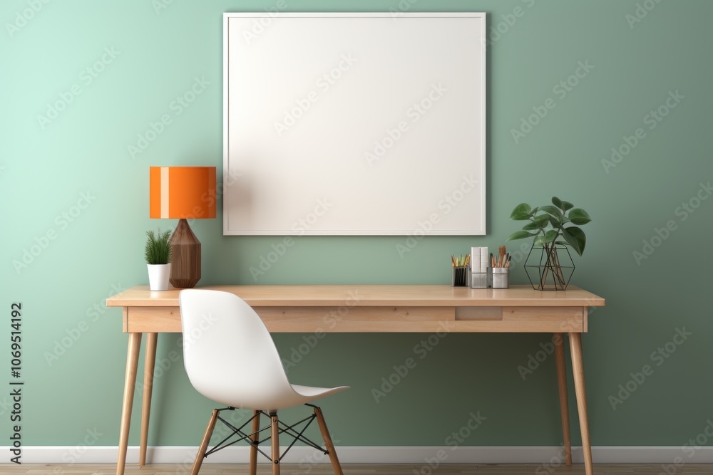A minimalist home office with a wooden desk, white chair, a framed blank canvas, and a lamp. A minimalist home office with a wooden desk, white chair, a framed blank canvas, and a lamp.