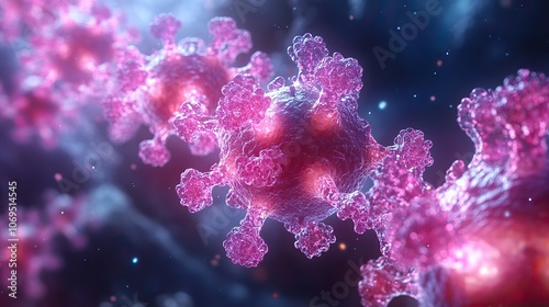 3D illustration of Adeno-Associated Virus (AAV), related to genetic engineering or medical research.