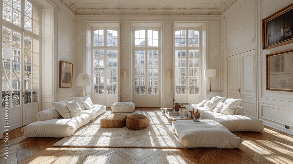 Fototapeta premium Vintage French Apartment with Parquet Floors and Sunlit Windows