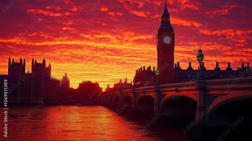 Naklejka premium The iconic Big Ben tower and the Houses of Parliament in London, England, silhouetted against a fiery sunset over the Thames River.