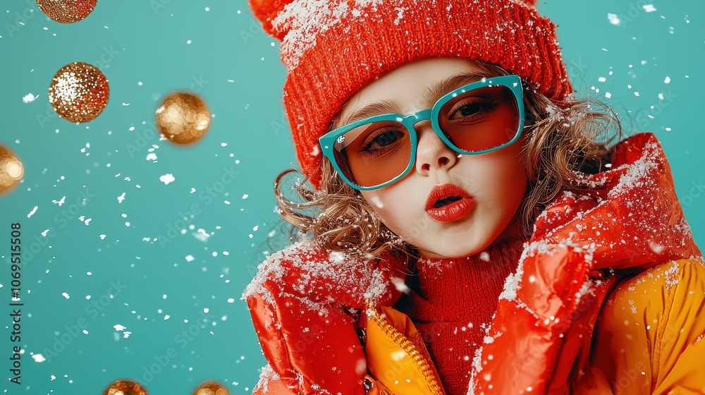 Delightful child dressed in colorful winter attire celebrates the new year with joy and style Delightful child dressed in colorful winter attire celebrates the new year with joy and style