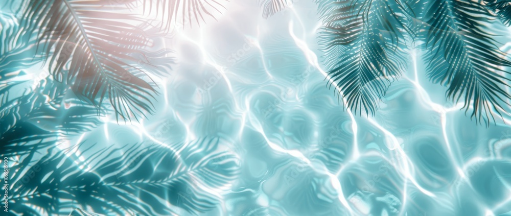 Top View of Water Surface with Palm Leaf Shadows on Beach Sand Blue Transparent Ocean Background for Summer Vacation Concept Top View of Water Surface with Palm Leaf Shadows on Beach Sand Blue Transparent Ocean Background for Summer Vacation Concept