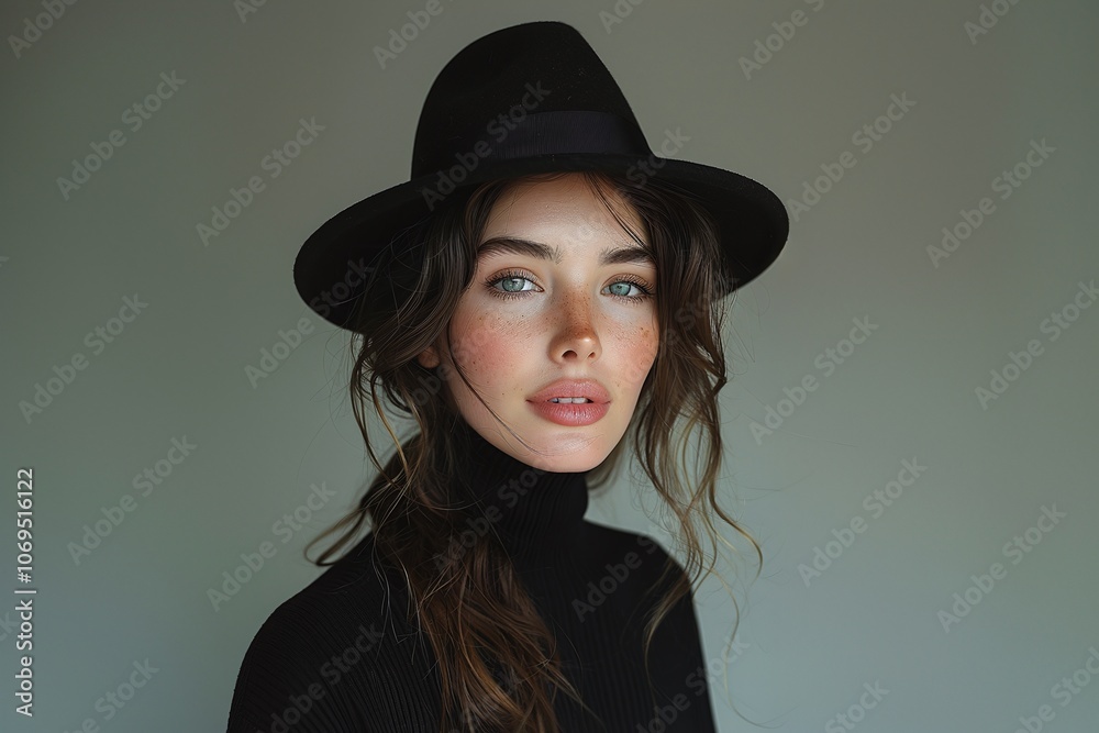 Elegant woman in black wide-brimmed hat, dark wavy hairstyle, black turtleneck sweater, soft shadows, minimalistic and moody background, sophisticated and timeless fashion portrait
Elegant woman in black wide-brimmed hat, dark wavy hairstyle, black turtleneck sweater, soft shadows, minimalistic and moody background, sophisticated and timeless fashion portrait