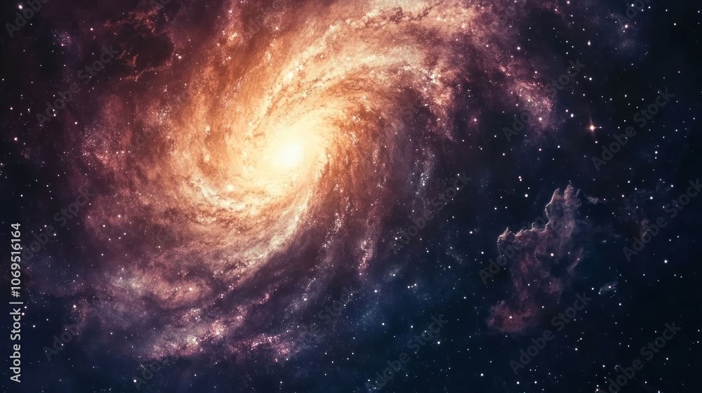 A vibrant galaxy spiral illuminated by a bright core against a starry cosmic backdrop. A vibrant galaxy spiral illuminated by a bright core against a starry cosmic backdrop.