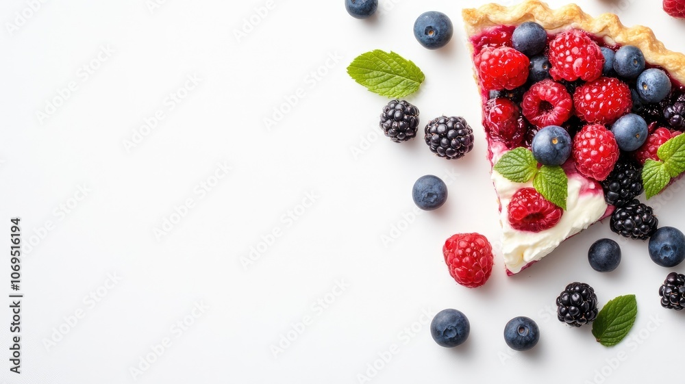 Slice of berry tart with fresh mint leaves on white backdrop