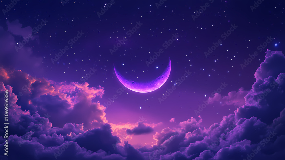 Fototapeta premium Dreamy purple night sky with luminous crescent moon wispy clouds and twinkling stars celestial phone wallpaper. Celestial. Illustration