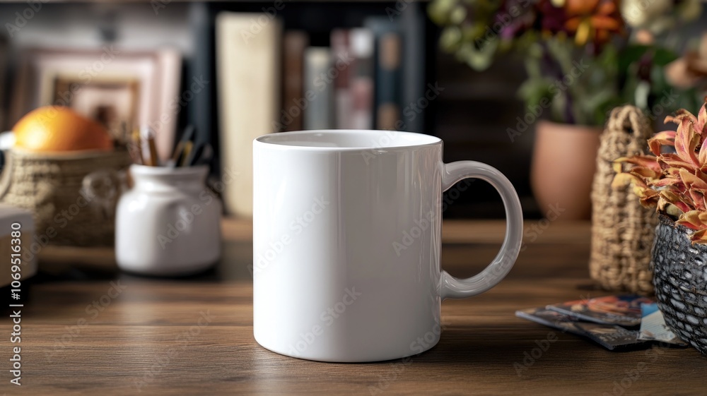 Fototapeta premium White ceramic mug on wooden table near plant, basket, and books