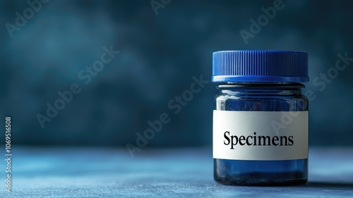 Blue capped specimen jar with label on blue background photo