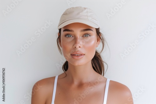 Wallpaper Mural Elegant woman wearing a beige cap, white tank top, soft natural makeup, clean white background, minimalistic portrait photography, modern casual style, summer fashion, copy space

 Torontodigital.ca