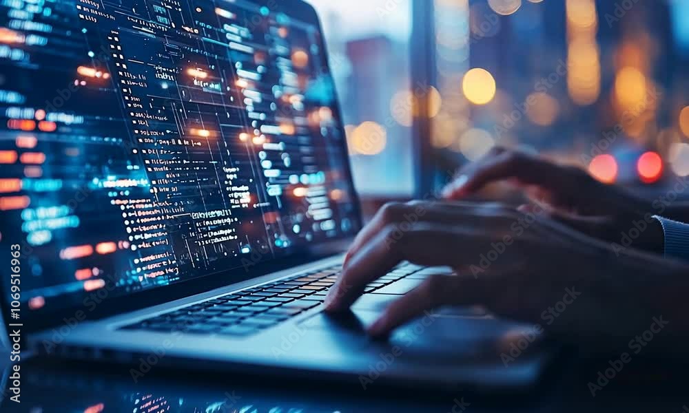 Hands typing on a laptop with code on the screen in a dark room with a blurred city lights background. Hands typing on a laptop with code on the screen in a dark room with a blurred city lights background.