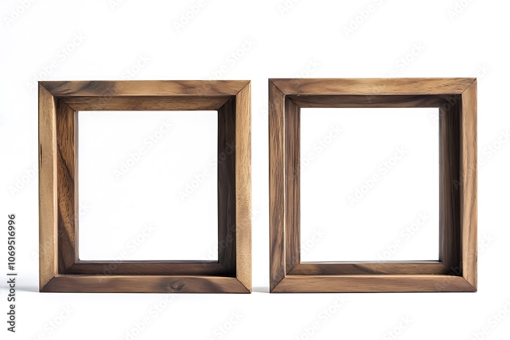 Two empty square natural wooden photo frames isolated on a white background, ready for your images Two empty square natural wooden photo frames isolated on a white background, ready for your images