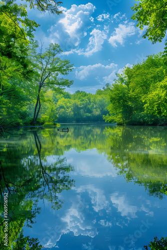 Serene Lake with Reflections of Lush Green Trees and Bright Blue Sky