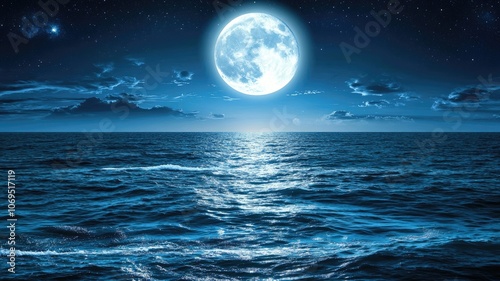 Full moon illumination over serene ocean waves with starry sky backdrop