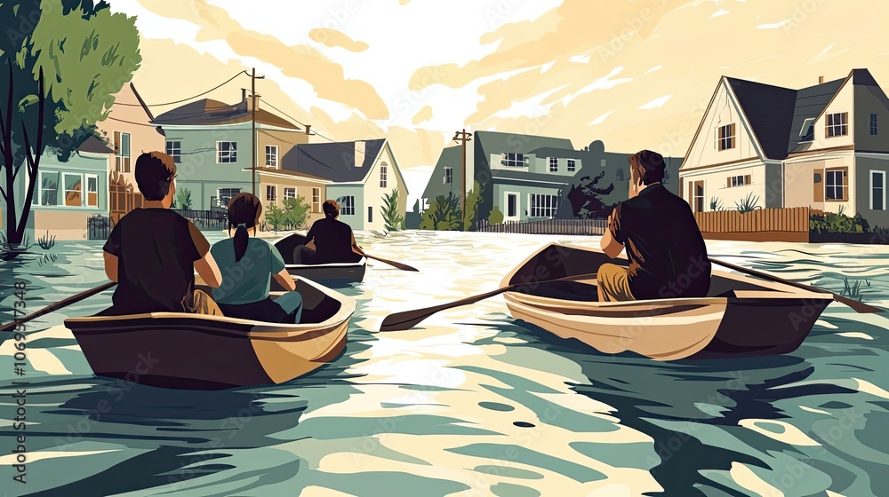 Obraz premium Four People Rowing Boats Through Flooded Neighborhood