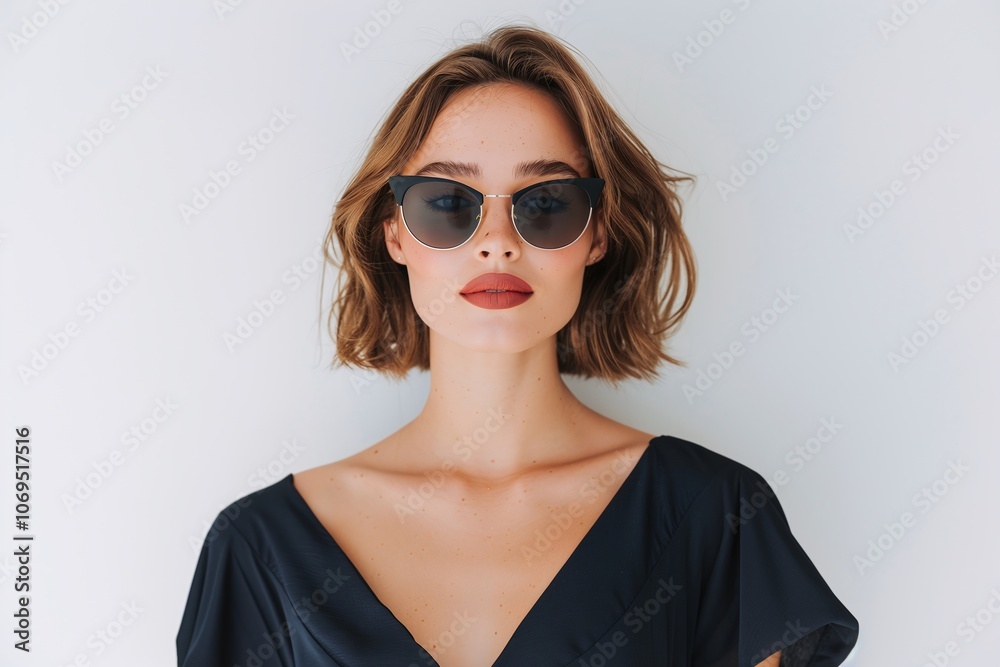 Elegant woman in black cat-eye sunglasses, deep V-neck black dress, bold red lipstick, short wavy hairstyle, clean white background, minimalistic portrait, modern chic style, copy space
Elegant woman in black cat-eye sunglasses, deep V-neck black dress, bold red lipstick, short wavy hairstyle, clean white background, minimalistic portrait, modern chic style, copy space