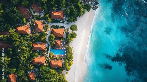 Aerial view of tropical resort with white sand beach, turquoise ocean, and swimming pool.