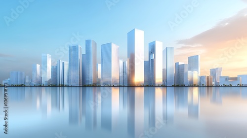 Modern skyscrapers reflect in serene waters as the sunset paints the skyline with warm hues