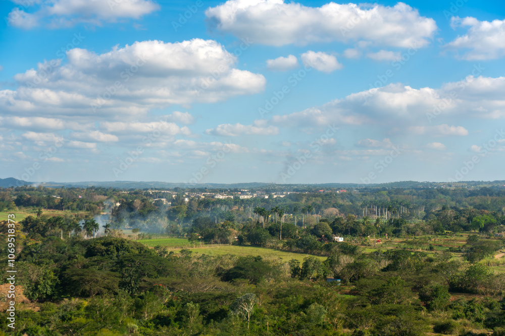 Obraz premium Aerial view of rural landscape with palm trees and crop fields on the outskirts of Havana, Cuba.
