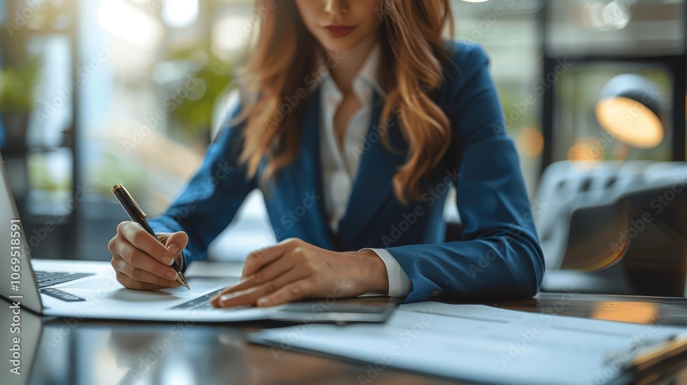 Businesswoman Signing Document in Office Close Up
