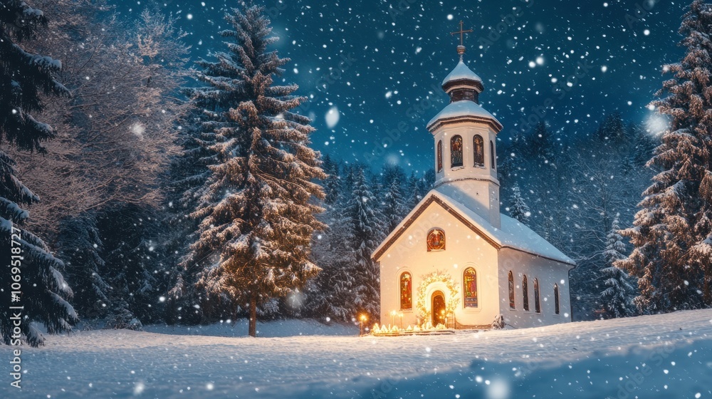 Snow-covered church with a glowing nativity scene outside, surrounded by pine trees and falling snow Snow-covered church with a glowing nativity scene outside, surrounded by pine trees and falling snow