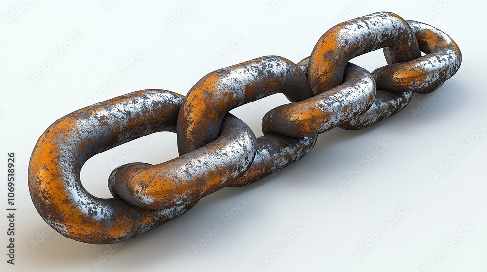 A 3D rendering of a metal chain is isolated on a white background, offering a realistic design element for various projects. A 3D rendering of a metal chain is isolated on a white background, offering a realistic design element for various projects.