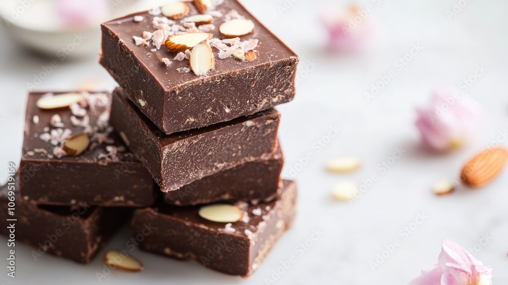 Pile of chocolate fudge squares garnished with almonds and sea salt flakes Pile of chocolate fudge squares garnished with almonds and sea salt flakes